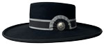 262 Black pinched telescope style hat with grey and black rosette ribbon