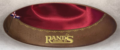 inside view of hat shing sweatband with Rand's logo and red lining