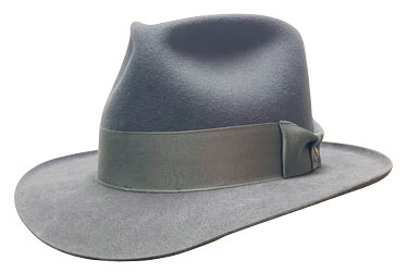 grey fedora with grey ribbon hatband
