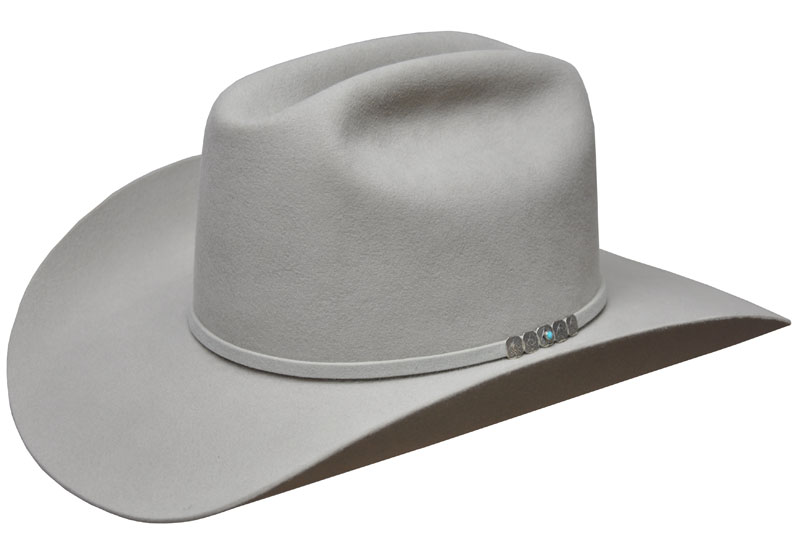 108 Cattleman silverbelly color hat with Santa Fe Trail Silver hatband and Turquoise conchos