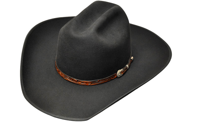 120 LONG NARROW CATTLEMAN black hat with 1/2" tooled leather hatband w/SS buckle set