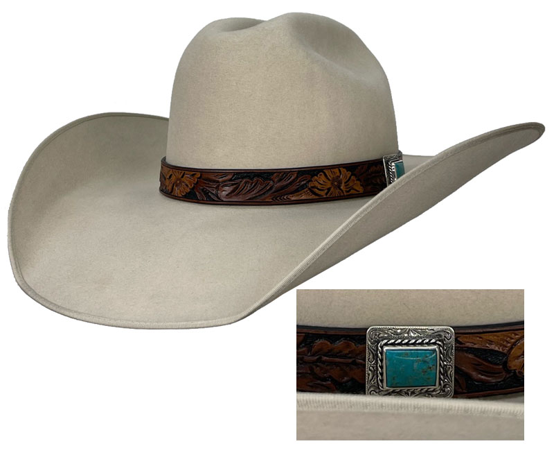121F CATTLEMAN with 3 tone leather hatband with Roped Bezel Kingman Turquoise