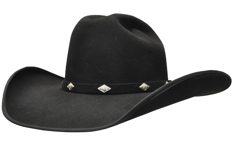 127 Cattleman black hat with selfband with ten SK SS Diamond Conchos