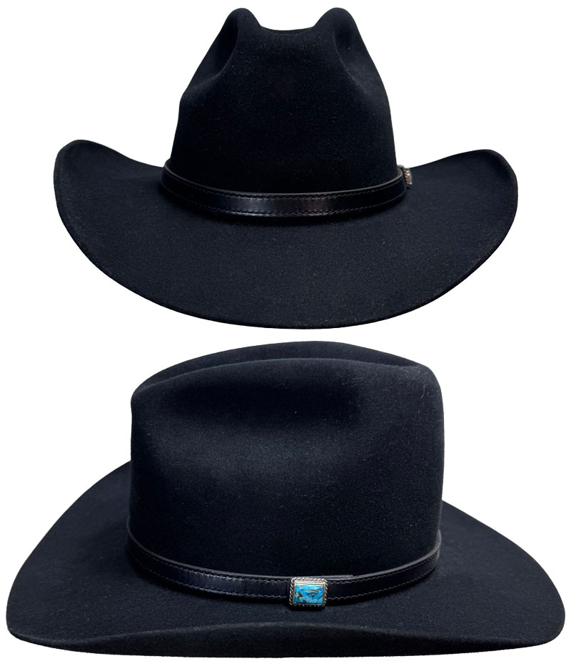 136 Low Safari style black color hat with SK 1 inch SS Bezel Turquoise concho on 1/2 inch black leather hatband