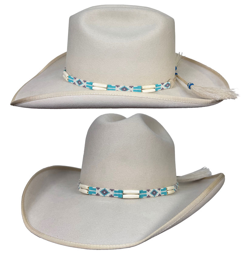 151 Cattleman bone color hat with Turquoise, Bone and Grey partially beaded hatband
