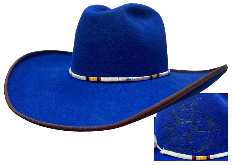 157 Sangray cobalt color hat with Single quill white porcupine hatband