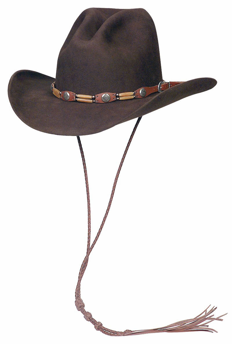 189 QUIGLEY II brown hat with AAHB5OBN leather, hairpipe amber beads and conchos hatband