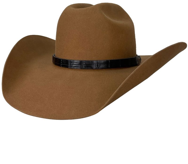 202 LONG NARROW CATTLEMAN Camel color hat with Matte Croc brown hatband and SK Square Concho