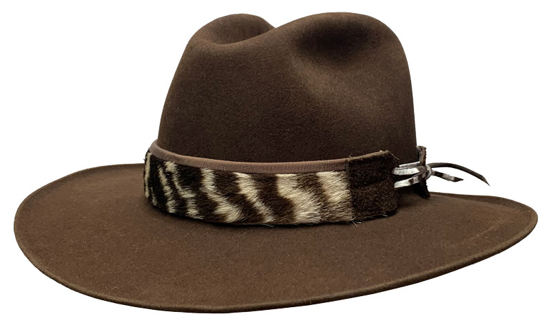 273 LOW SAFARI chocolate brown hat with 1” Tel Sackett zebra w/briar binding hatband