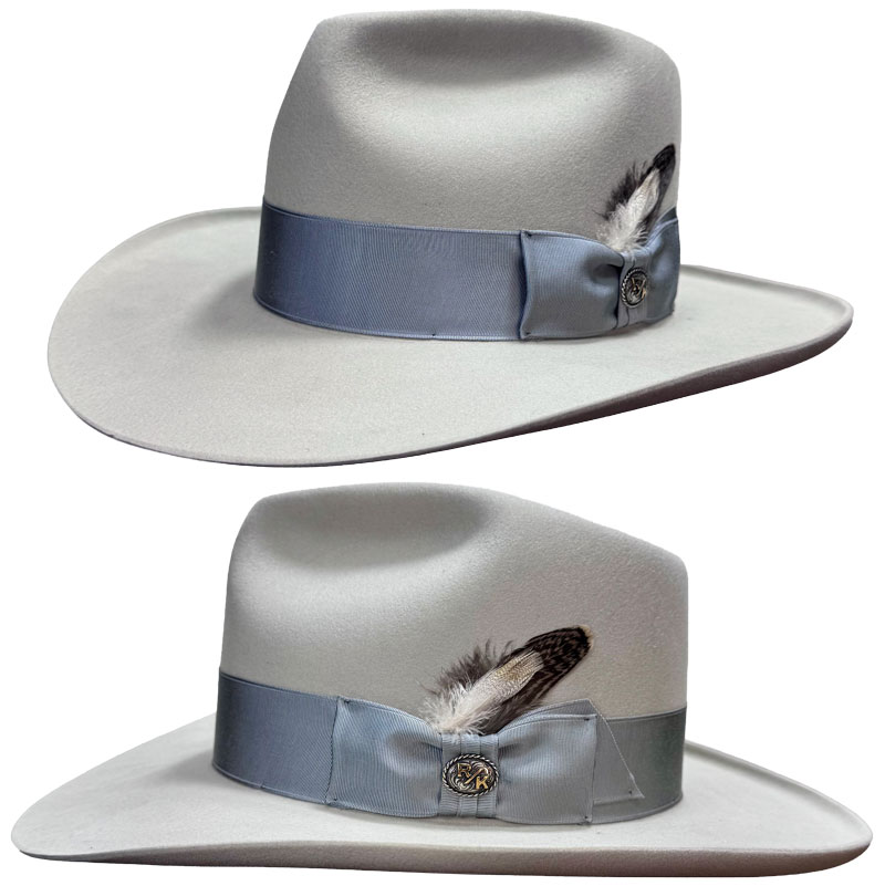 304 FEDORA silverbelly color hat with pearl ribbon, custom concho, and feathers