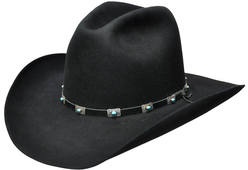 92 Windrider black hat with EM engraved SS & turquoise conchos hatband