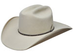 116 Cattleman style Bone Colored hat with Flat brown lace hatband with SJ SS engraved netties and SJ feather