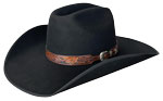 125F Cattleman style black hat with 1" 3-tone hand-tooled leather hatband, tapered with 1/2" domed buckle set, 14K gold flower accents