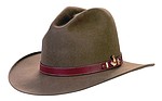 132 Gallatin style pecan color hat with saddle leather hatband with brown trout hatpin