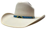 151 Cattleman style bone colored hat with blue double quill porcupine hatband