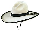 166 Gus Gunfighter style bone color hat with Black leather, Western Loop, long leather tails hatband