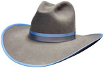 197 Quigley II Granite color hat with Denim and Pewter ribbon hatband with pewter feather