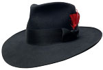 222 Fedora style black hat with black ribbon hatband and red feather
