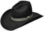 26 Quigley II style black hat with Aztec Black/Grey/Cream hatband, 1" Silver Star Concho