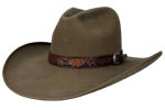 275 Rocking Bar style pecan colored hat with dark brown rawhide hatband with sorrel tail