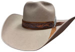 289 Deadman's Natural color hat with 1 1/2 layered tooled leather with pewter feather concho
