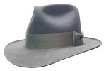 304 Western Fedora style smoke color hat with steel color ribbon hatband and custom concho