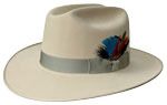 331F-LBJ style bone color hat with silverbelly grey ribbon and multicolor feathers
