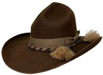 37 MESA PINCH brown hat with black and brown braid and tails front to back hatband