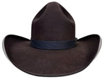 40 Brushbuster Chocolate Brown color hat with distressed brown leather hatband and brass buckle, buckskin binding