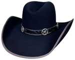 55 Sloped Center Dent style black hat with Charcoal ribbon and SK SS 6 Wagon Wheels on Black Tooled hatband
