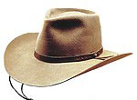 78 Snowy River style camel color hat with dark brown hatband and windstring