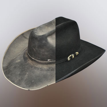 A split before and after view of restored hat