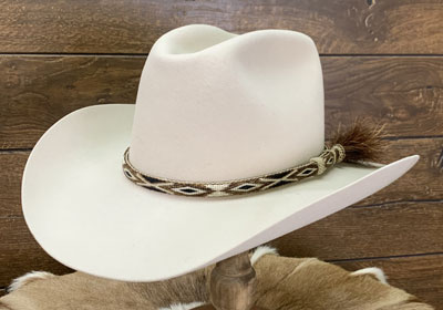 gray hat with brown, horsehair hatband